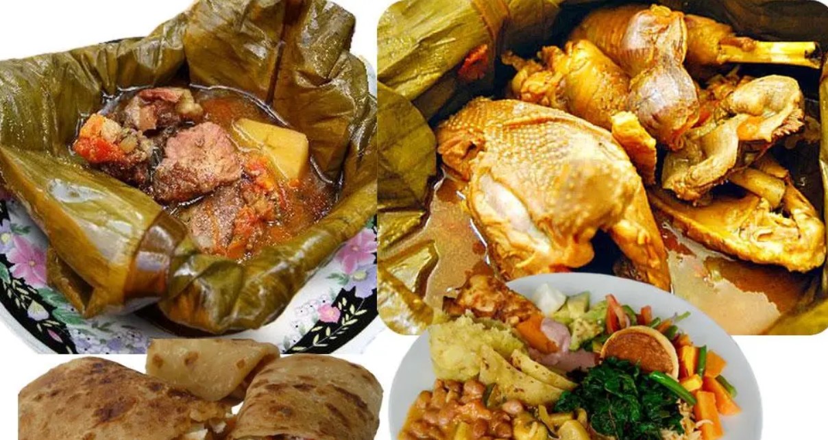 Collage showing traditional Ugandan food including beef Luwombo (steamed in banana leaves), roasted chicken, and Chapati (Rolex), featured on a culinary safari.