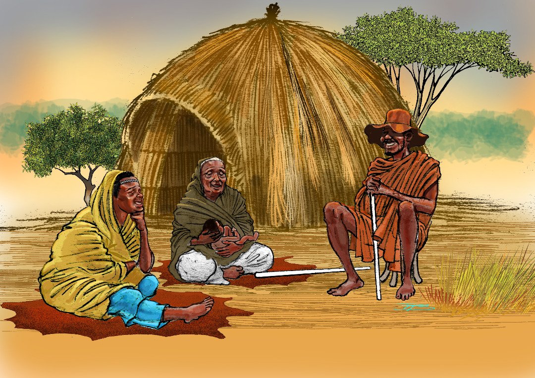 Bachwezi Spirits Uganda |Three elders gathered in front of a traditional hut in rural Uganda sharing folklore stories.