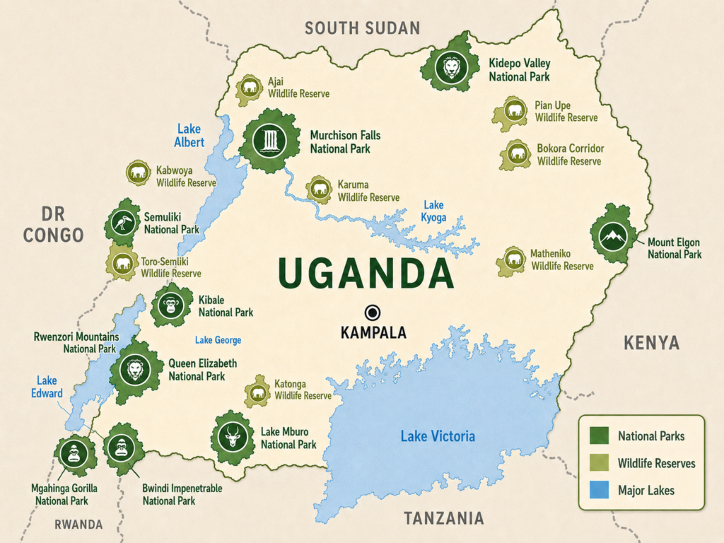 Uganda National Parks Safari Guide Uganda National Parks And Reserves Map 1024x768 